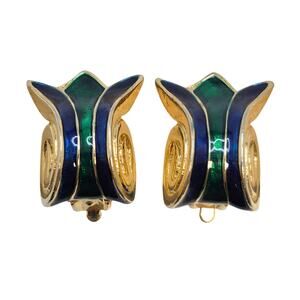 Vintage Emerald Green Royal Blue and Gold-tone Tulip Cloisonne Clip-on Earrings
